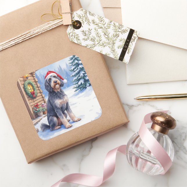 German Wirehaired Pointer Snowy Lodge Santa Hat Square Sticker (Gifting)