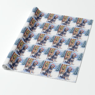German Wirehaired Pointer Snowy Lodge Santa Hat Wrapping Paper