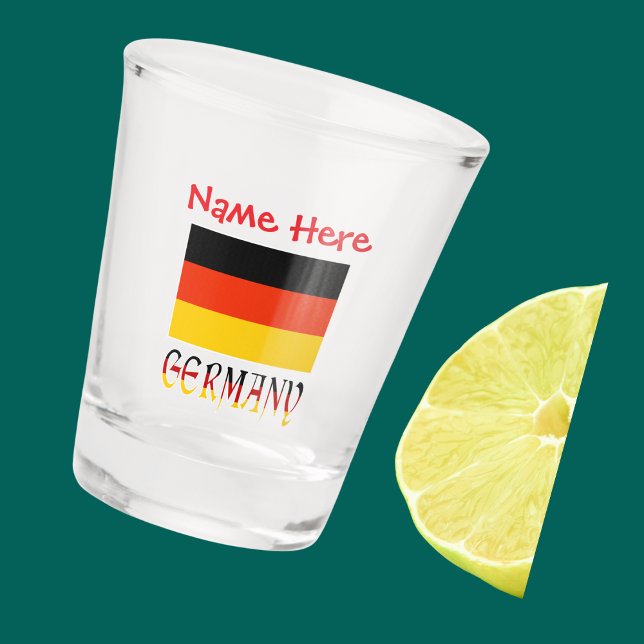 Germany German Flag Red Personalised  Shot Glass (Shot glass has German Flag and word GERMANY below in flag colors. Add name in red text above.)
