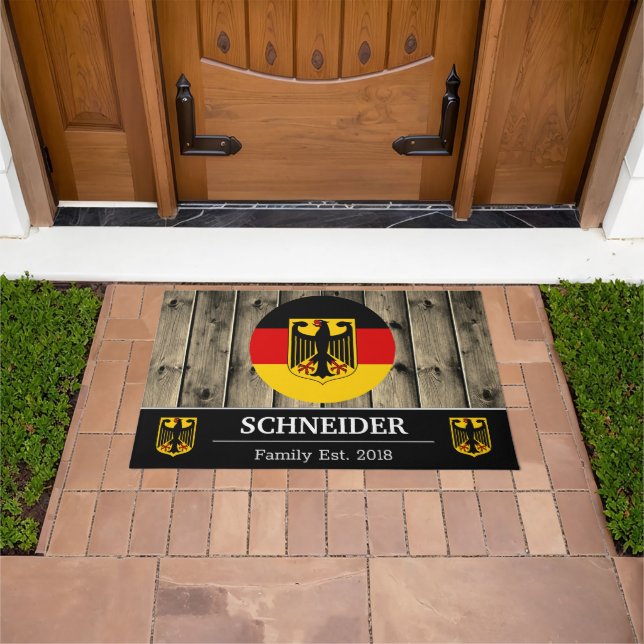 Germany & German Flag Rustic Wood / Family Doormat (Outdoor)