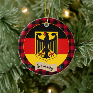 Germany, Red buffalo plaid & German Flag Ceramic Tree Decoration