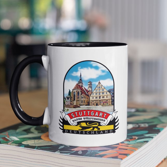 Germany Stuttgart Vintage souvenir Mug (Stuttgart: Vergangenheit in Gelb-Schwarz auf Vintage-Tassen verewigt.)