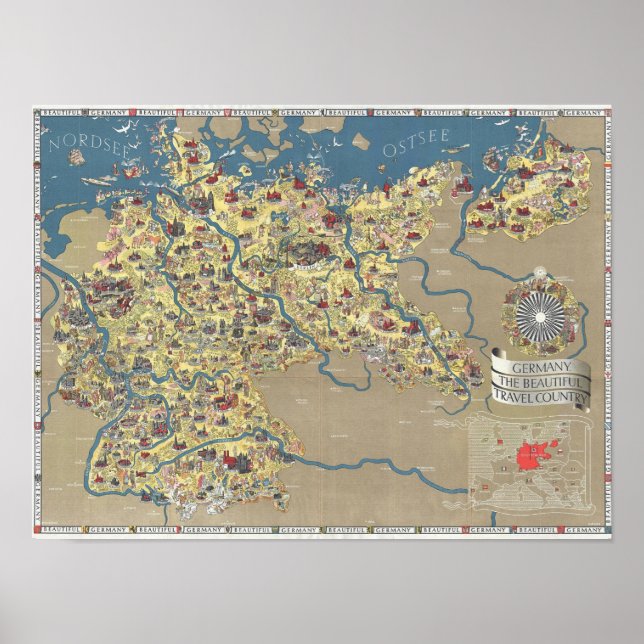 Germany, The Beautiful Travel Country Map Vintage Poster (Front)
