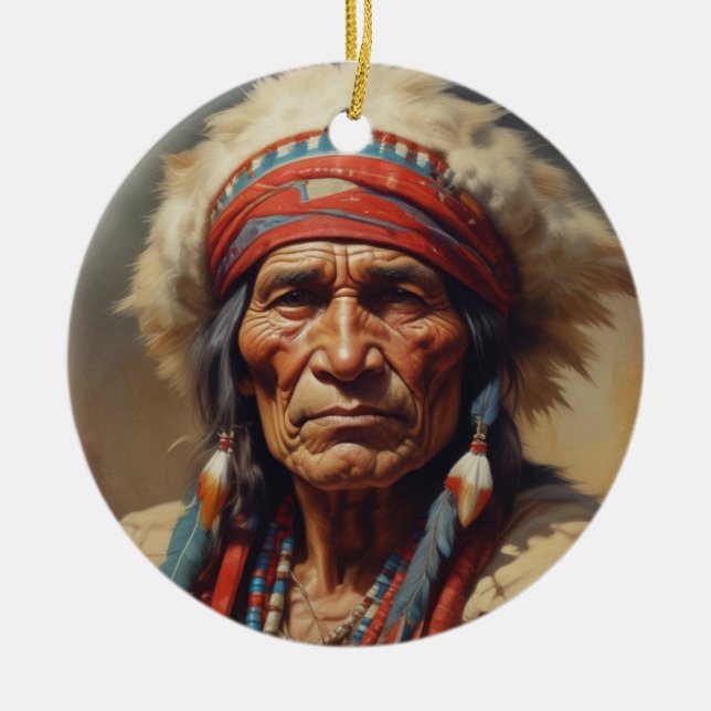 Geronimo Indian Chief Warrior Portrait Ceramic Tree Decoration (Front)