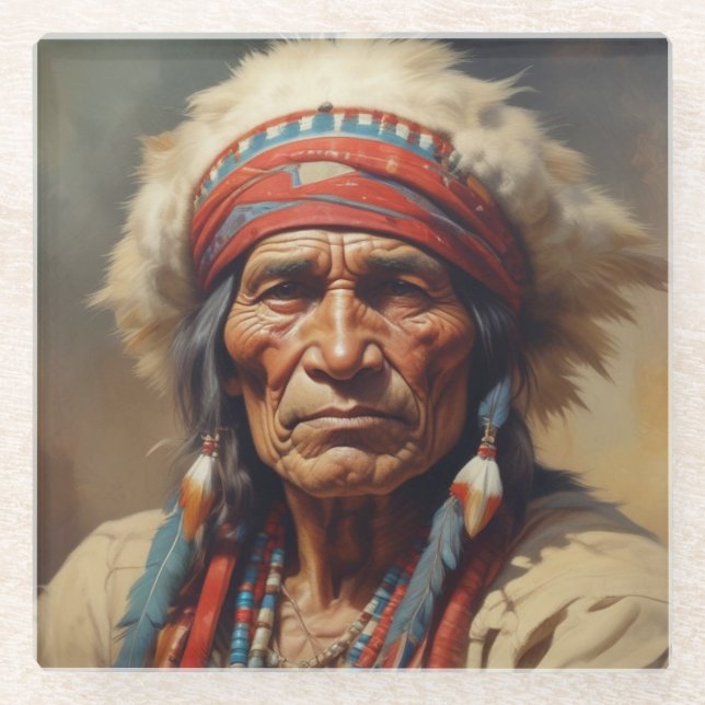Geronimo Indian Chief Warrior Portrait Glass Coaster (Front)