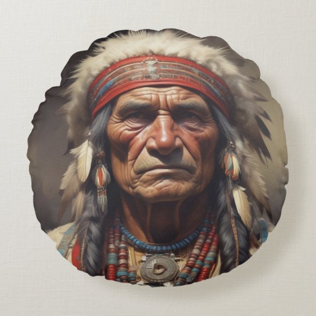 Geronimo Indian Chief Warrior Portrait Round Cushion (Front)