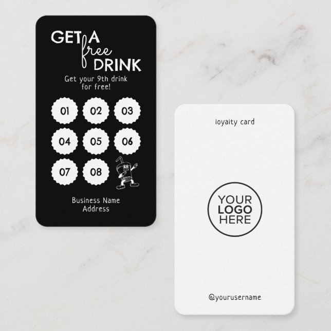 Get A Free Drink  Minimal Modern Black White Loyalty Card (Front/Back)