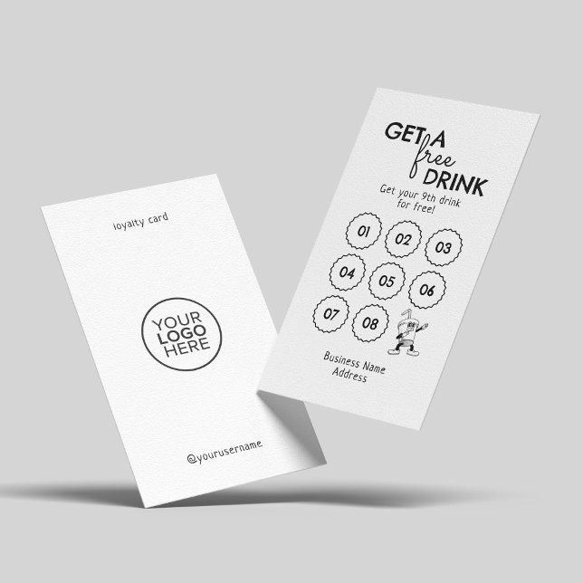 Get A Free Drink  Minimal Modern Black White Loyalty Card (Creator Uploaded)
