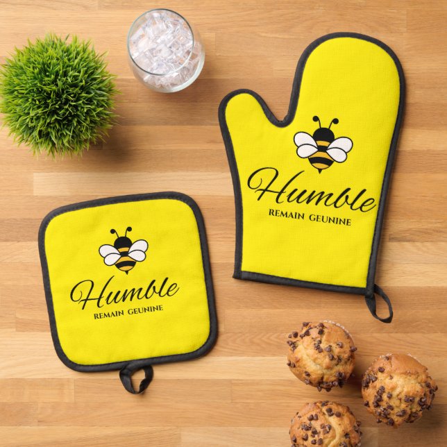 GET A GRIP !  BEE HUMBLE Yellow busy bee  Oven Mitt & Pot Holder Set (Top Down)