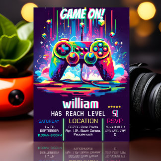 Get boys cool kids gaming level up 5th birthday invitation