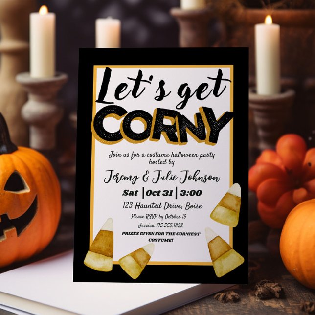 Get Corny Funny Halloween Costume Party Black Invitation (Creator Uploaded)