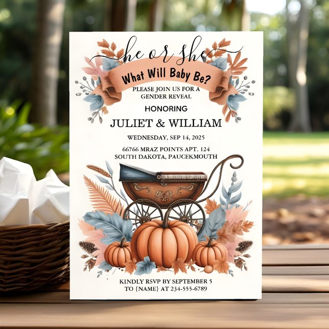 Get Farm Pink Blue Fall Girl Pumpkin Gender Reveal Invitation (Creator Uploaded)