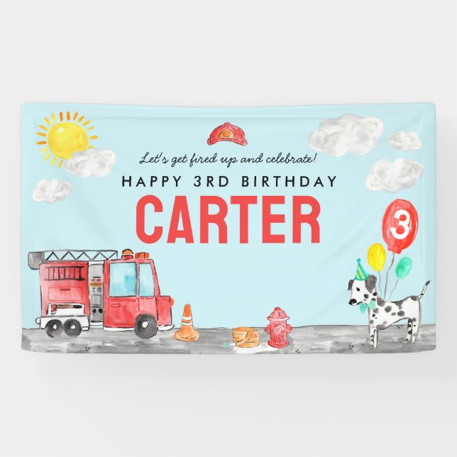 Get Fired Up Fire Truck Firefighter Kids Birthday Banner (Horizontal)