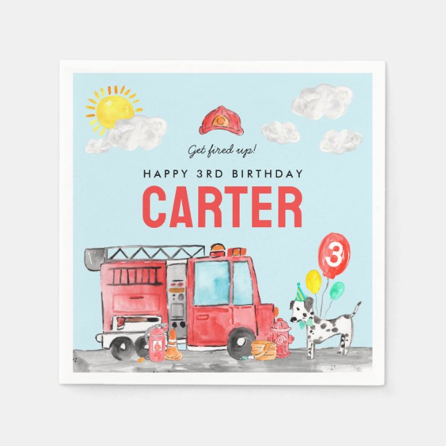 Get Fired Up Fire Truck Firefighter Kids Birthday Napkin (Front)