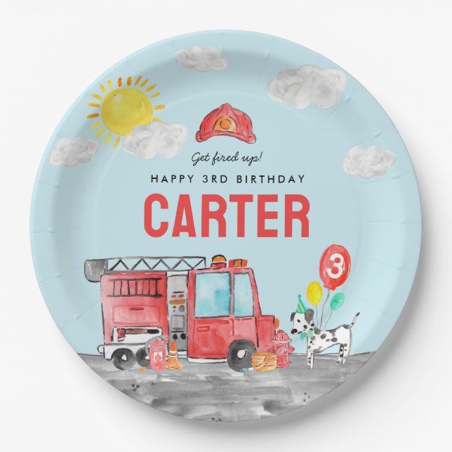 Get Fired Up Fire Truck Firefighter Kids Birthday Paper Plate (Front)