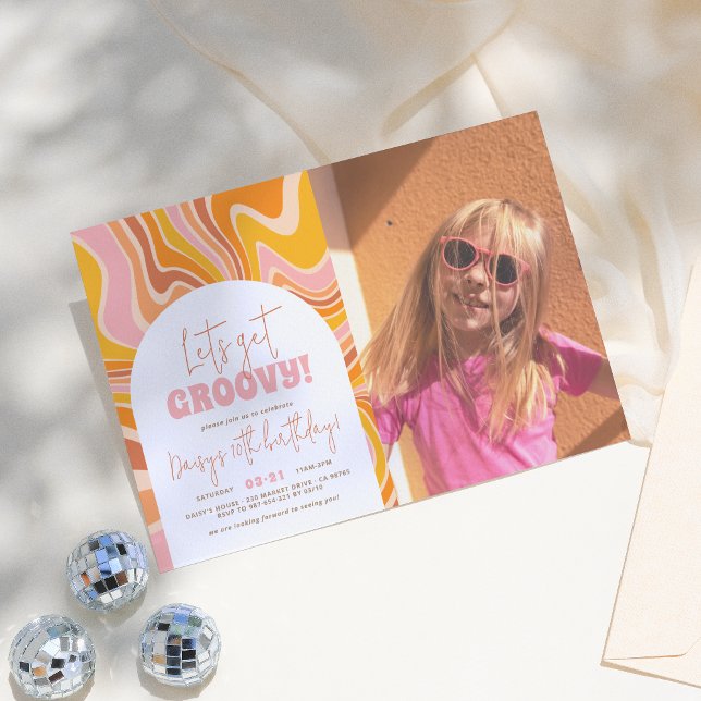 Get Groovy Pink & Orange Arch Photo Birthday Party Invitation (Creator Uploaded)
