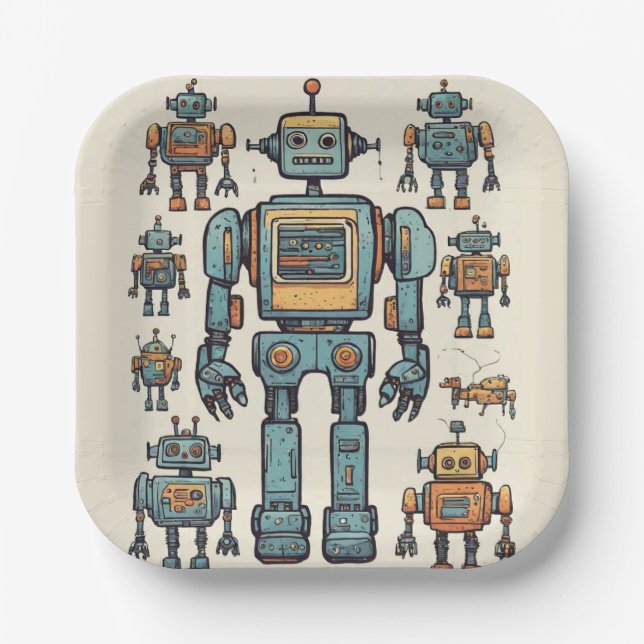Get in Gear Robot Birthday - Large Robot Paper Plate (Front)