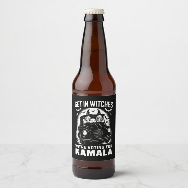 Get in Witches We're Voting for Kamala Halloween  Beer Bottle Label (Front)