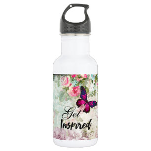 Get Inspired Quote & Pink Butterfly Shabby Collage 532 Ml Water Bottle