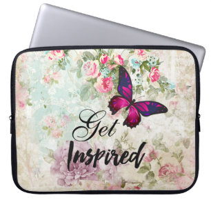Get Inspired Quote & Pink Butterfly Shabby Collage Laptop Sleeve
