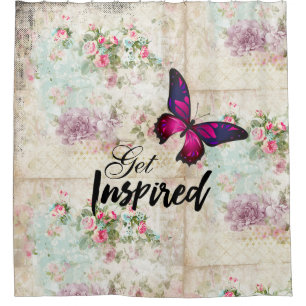 Get Inspired Quote & Pink Butterfly Shabby Collage Shower Curtain