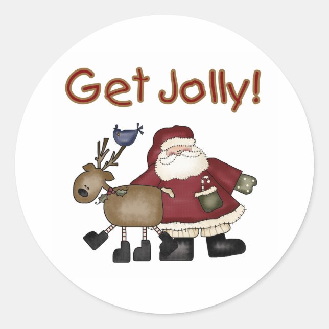 Get Jolly Santa and Reindeer Classic Round Sticker (Front)