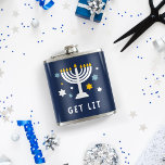 Get Lit | Funny Hanukkah Hip Flask<br><div class="desc">If the menorah isn't the only thing getting lit this year,  gift this hilarious Hanukkah flask to anyone who tends to overindulge during those 8 crazy nights. Design features a lit menorah illustration surrounded with stars,  with "get lit" beneath in white lettering.</div>