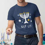 Get Lit | Funny Hanukkah T-Shirt<br><div class="desc">If the menorah isn't the only thing getting lit this year,  gift this hilarious Hanukkah t-shirt to anyone who tends to overindulge during those 8 crazy nights. Design features a lit Menorah illustration surrounded with stars,  with "get lit" beneath in white lettering.</div>