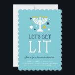 Get Lit | Hanukkah Party Invitation<br><div class="desc">Invite friends and loved ones to share some merriment at Hanukkah with these cute Hanukkah party invitations. Funny design aimed at adults-only gatherings features "let's get lit" on a turquoise background with a lit menorah surrounded by golden yellow,  blue and white stars. Personalise with your Hanukkah celebration details beneath.</div>