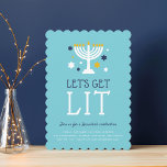 Get Lit | Hanukkah Party Invitation<br><div class="desc">Invite friends and loved ones to share some merriment at Hanukkah with these cute Hanukkah party invitations. Funny design aimed at adults-only gatherings features "let's get lit" on a turquoise background with a lit menorah surrounded by golden yellow,  blue and white stars. Personalise with your Hanukkah celebration details beneath.</div>