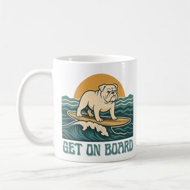Get On Board Surfer Dog | Retro Bulldog Surfing Coffee Mug (Left)