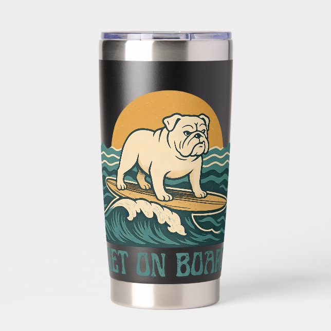 Get On Board Surfer Dog | Retro Bulldog Surfing Insulated Tumbler (Front)