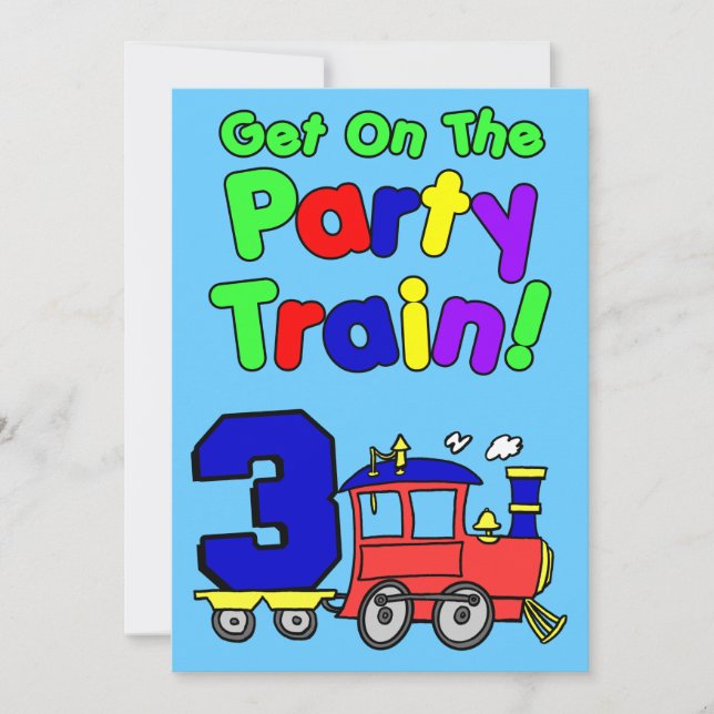Get On The Party Train 3 Year Old Invitation (Front)