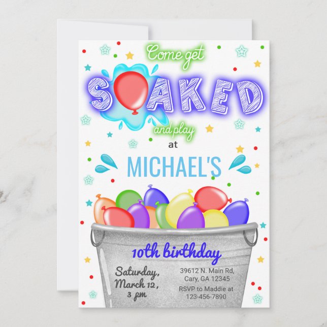 Get soaked, water balloons boy birthday invite. in invitation (Front)