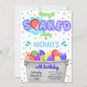 Get soaked, water balloons boy birthday invite. in invitation