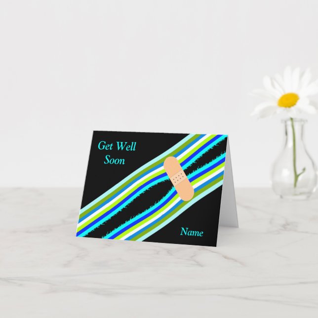 Get well custom name bright stripes card (Small Plant)