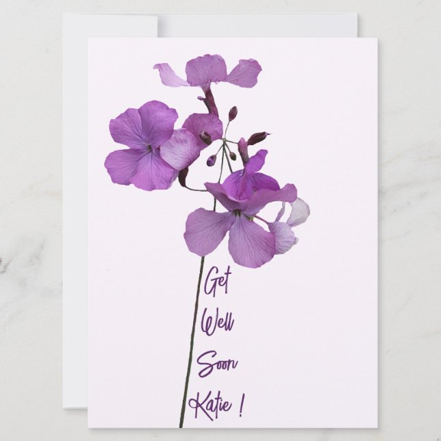 Get well customizable Katie name purple flowers Holiday Card (Front)