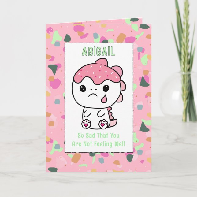 Get Well Little Girl PInk Dinosaur Cartoon Cute  Card (Front)
