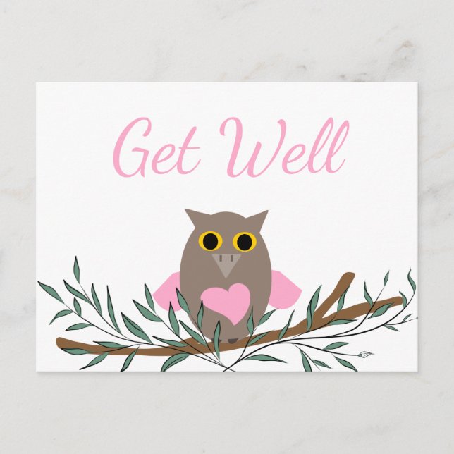 Get Well Pink Owl Postcard (Front)