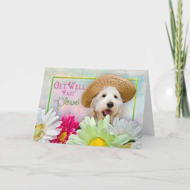 GET WELL, PLEASE!  - PUPPY/FLOWERS/SUNHAT CARD (Front)