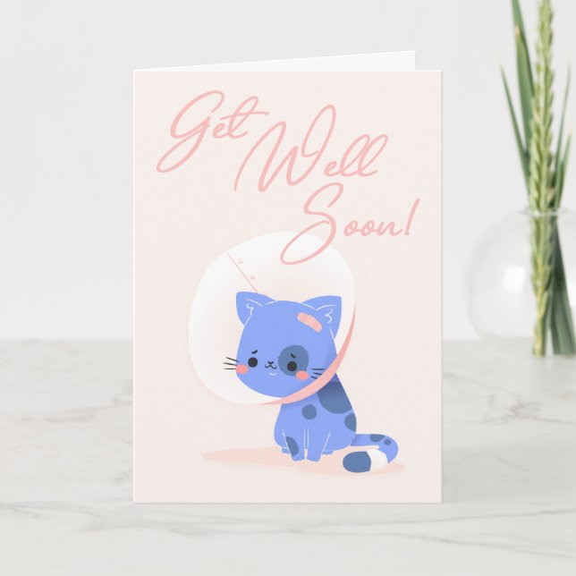 Get Well Soon Blue Cartoon Cat Greeting Card (Front)