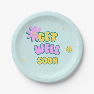 Get well soon bold text with flowers on blue paper plate