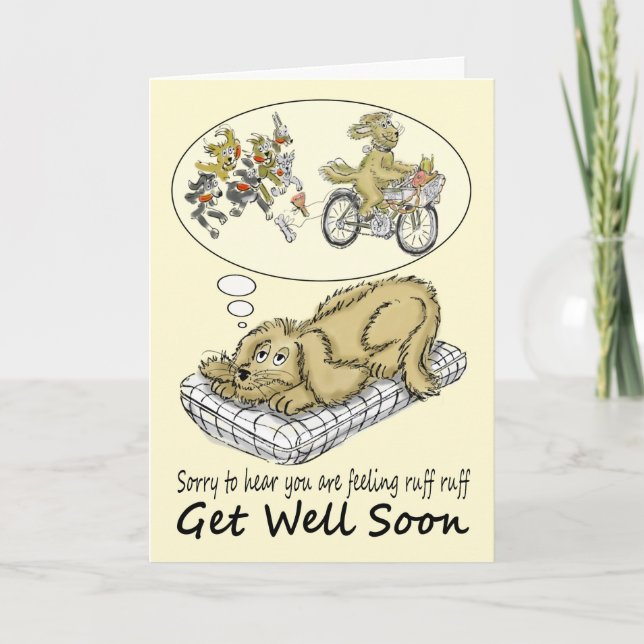 Get Well Soon Cartoon Dog Dreaming of Food Card (Front)
