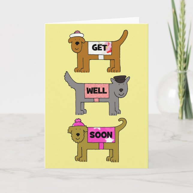 Get Well Soon Cartoon Dogs in Clothes. Card (Front)