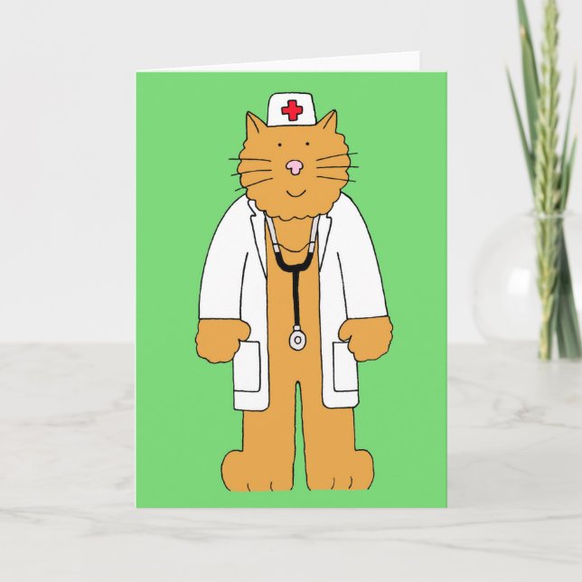 Get Well Soon Cat Dressed as a Medic Cartoon Card (Front)
