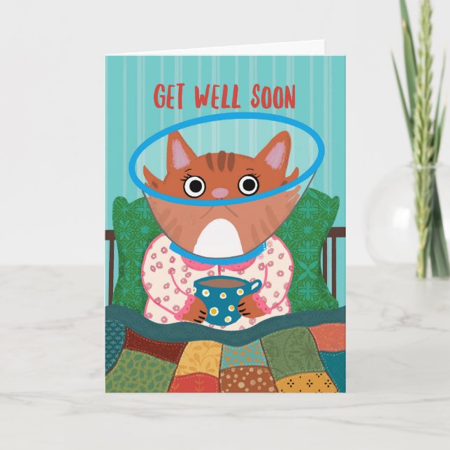Get Well Soon Cat Wearing A Cone Thank You Card (Front)