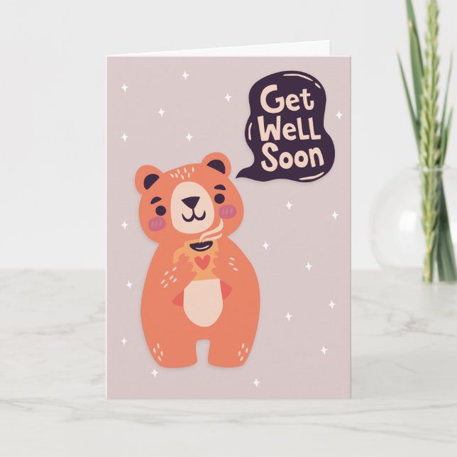Get Well Soon Cute Bear with Coffee Greeting Card (Front)