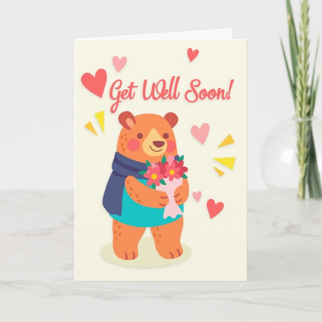 Get Well Soon Cute Bear with Flower Greeting Card (Front)