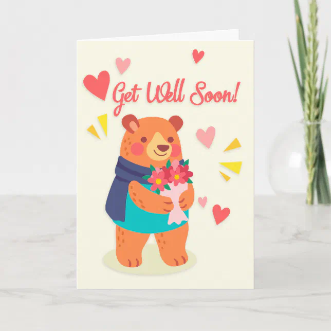 Get Well Soon Cute Bear with Flower Greeting Card | Zazzle