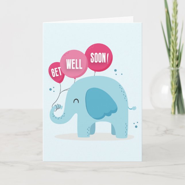 Get Well Soon Cute Blue Elephant Greeting Card (Front)